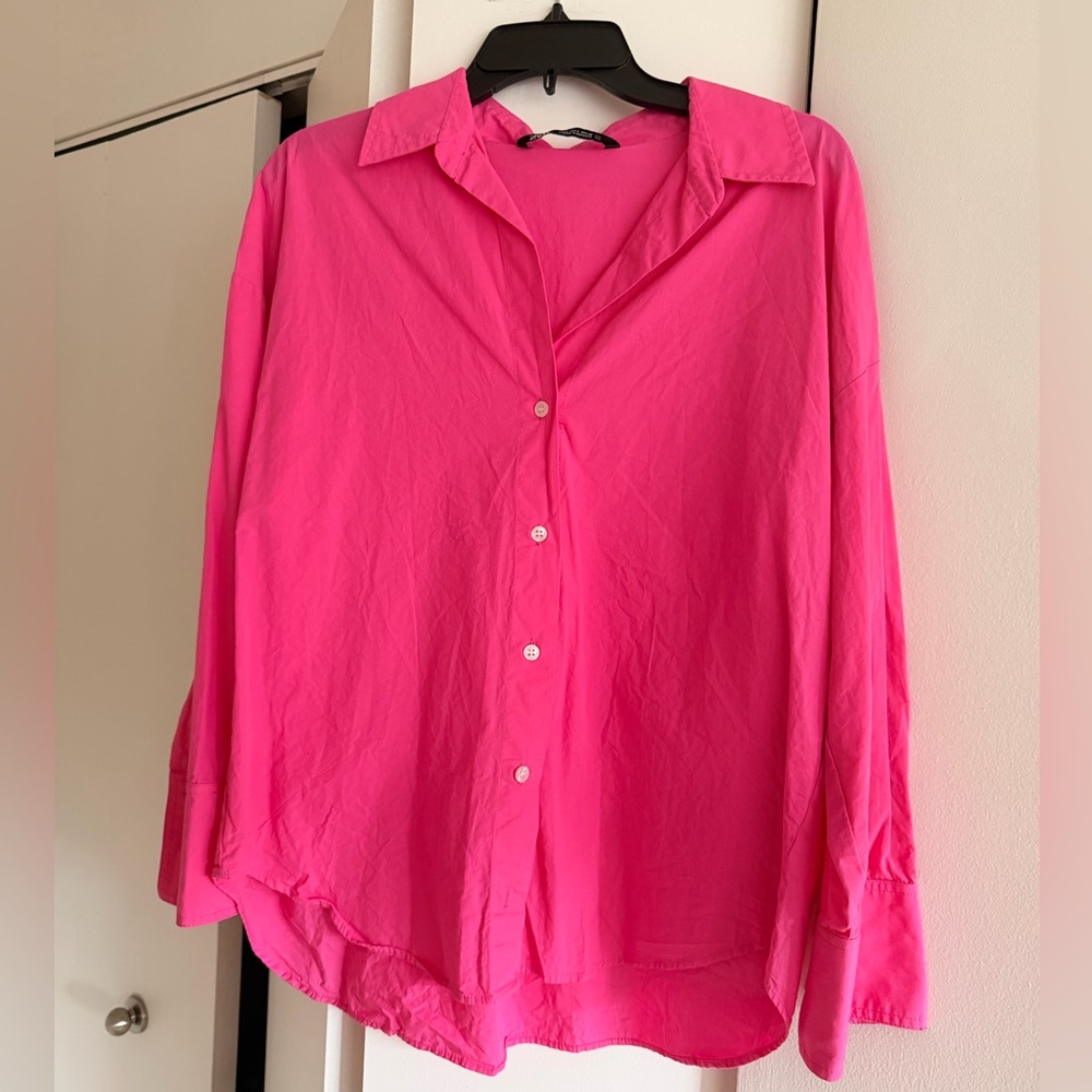Zara Hot Pink Button-Down Poplin Shirt